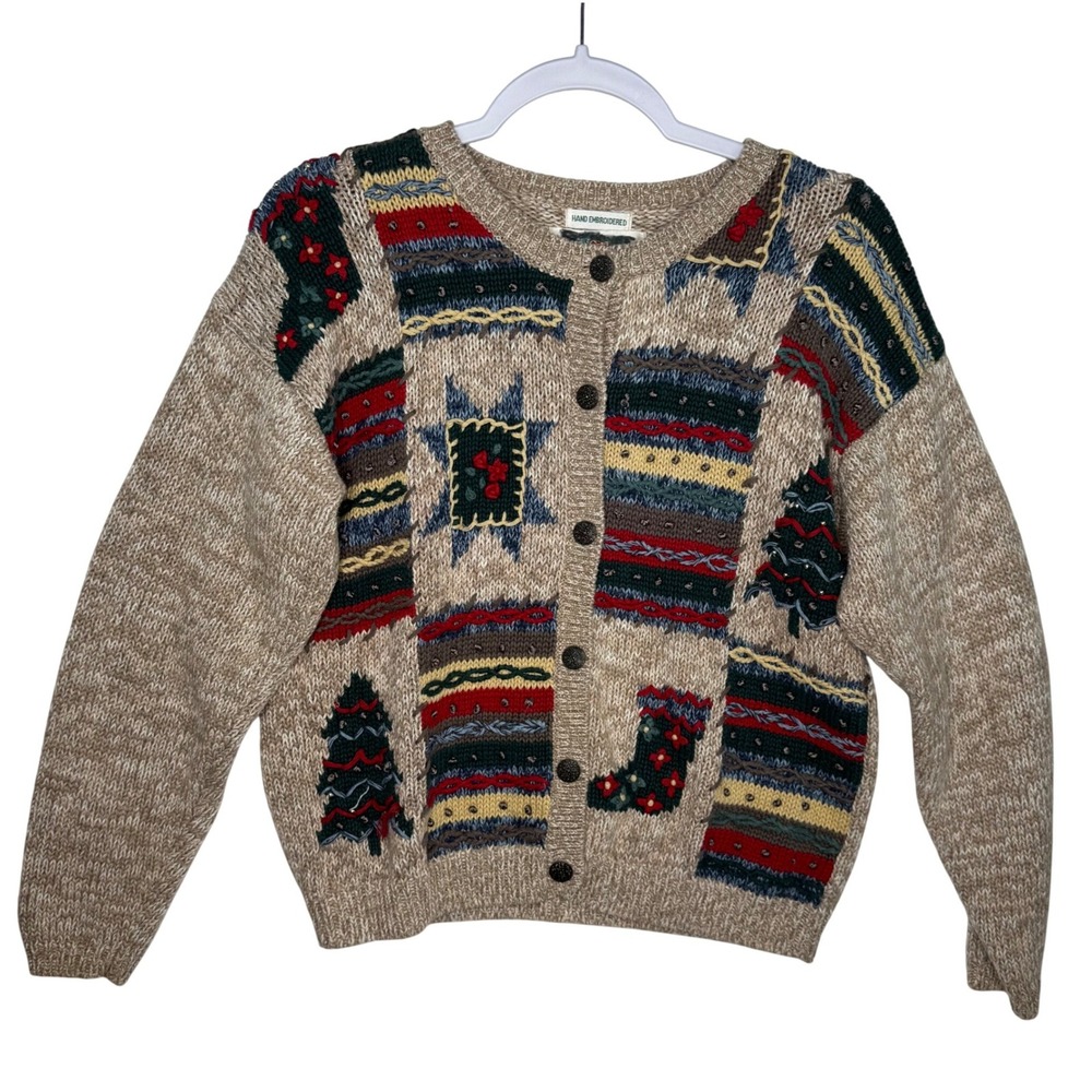 Hand Embroidered Ugly Christmas Sweater Women's Size S Patchwork Trees Stockings